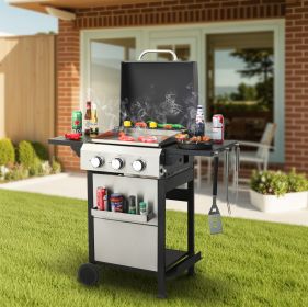 3-Burner Propane Gas BBQ Grill, SS Plancha, 36900BTU Output With Wire Enamel Cooking Grids For Outdoor Barbecue, Foldable Side Table, Hanging Basket