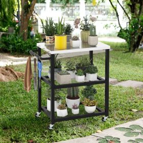 3-Tier Foldable Outdoor Stainless Steel Food Prepare Dining Cart Table on Wheels (Color: Black)